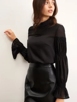 Stand Collar Chiffon Panel Blouse
