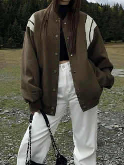 Stand Collar Contrast Trim Pockets Jacket