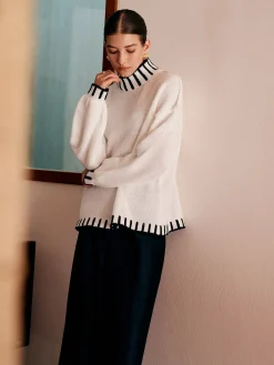 Stand Collar Embroidered Trim Sweater