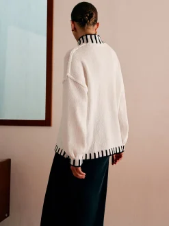 Stand Collar Embroidered Trim Sweater