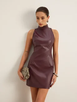 Stand Collar Faux Leather Skinny Tank Dress