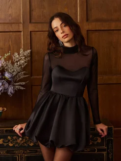 Stand Collar Pleated Mesh Panel Dress