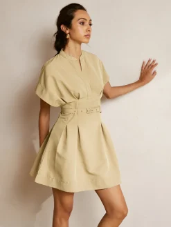 Stand Collar Short Dress With Belt