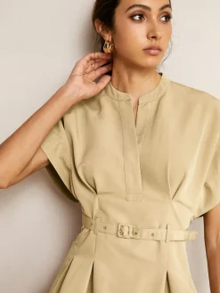 Stand Collar Short Dress With Belt