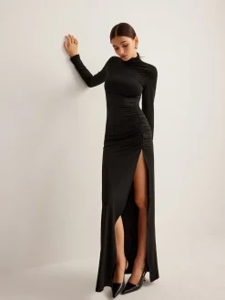 Stand-Collar Pleated Slit Jersey Dress