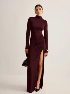 Stand-Collar Pleated Slit Jersey Dress