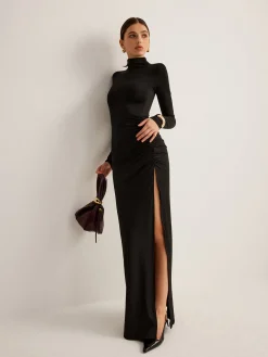 Stand-Collar Pleated Slit Jersey Dress