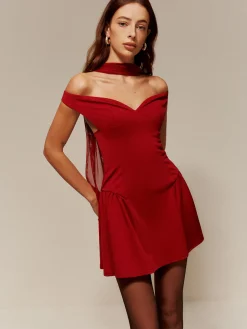 Straight Neck Ribbon Pleated Short Dress