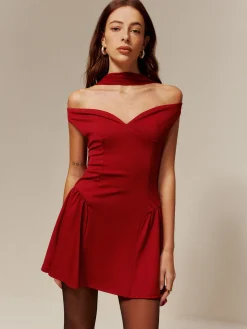 Straight Neck Ribbon Pleated Short Dress
