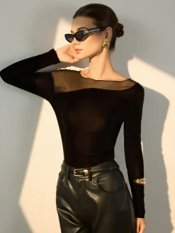 Straight Shoulder Sheer-Detail Slim Top