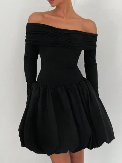 Straight-Shoulder Bud Waist Jersey Dress