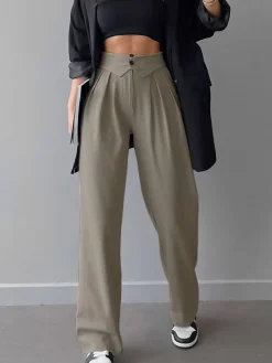 Street Fold Over Waistband Straight Leg Dress Pants