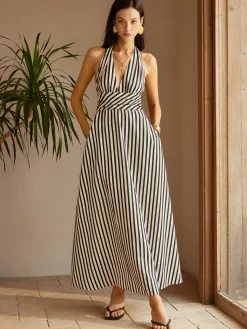 Stripe Backless Pockets Dress