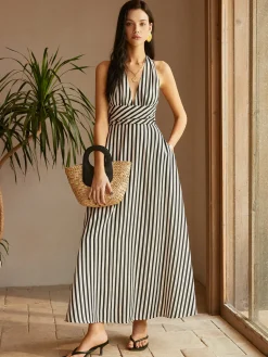 Stripe Backless Pockets Dress