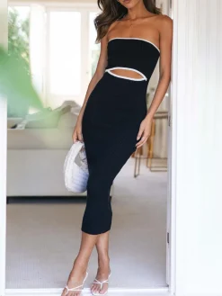 Stripe Cutout Rib Midi Tube Dress