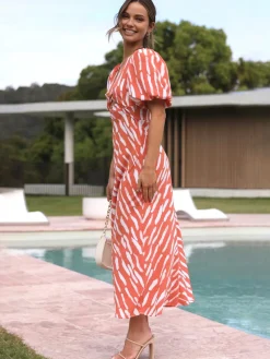 Stripe Pattern Cutout Long Dress