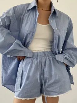 Stripe Textured Long Sleeve Shorts Set