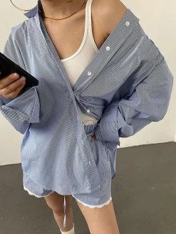 Stripe Textured Long Sleeve Shorts Set