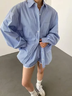 Stripe Textured Long Sleeve Shorts Set
