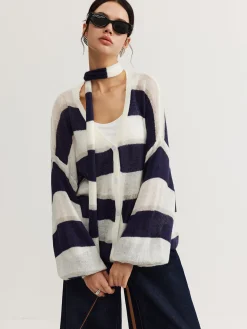 Striped Breasted Thin Cardigan With Scarf