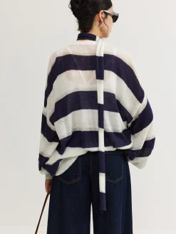Striped Breasted Thin Cardigan With Scarf