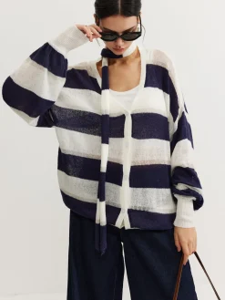 Striped Breasted Thin Cardigan With Scarf