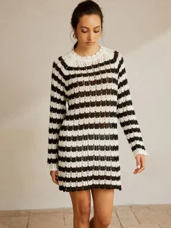 Striped Lettuce Trim Hollow Sweater