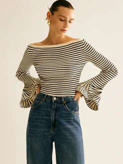 Striped Ruffle-Sleeve Knit Top