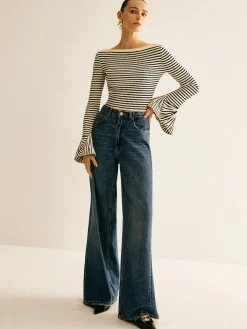 Striped Ruffle-Sleeve Knit Top