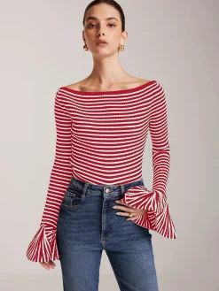 Striped Ruffle-Sleeve Knit Top