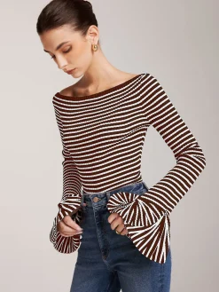 Striped Ruffle-Sleeve Knit Top