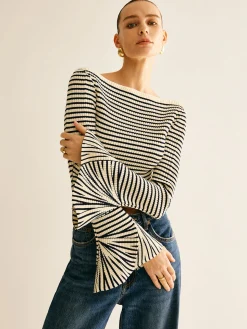 Striped Ruffle-Sleeve Knit Top