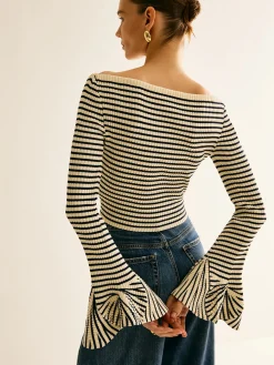Striped Ruffle-Sleeve Knit Top