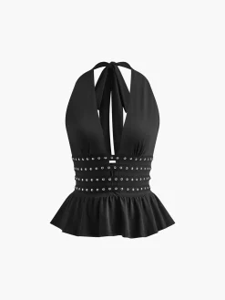 Studded Detail Ruffle Halter Top
