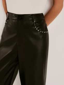 Studded-Decor PU Leather Straight Pants