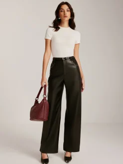 Studded-Decor PU Leather Straight Pants