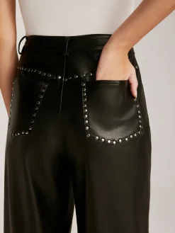 Studded-Decor PU Leather Straight Pants