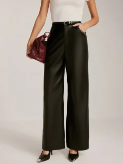 Studded-Decor PU Leather Straight Pants