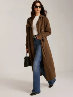 Suede Belted Button Long Trench Coat
