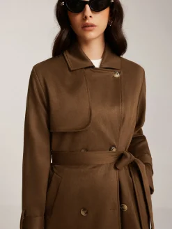 Suede Belted Button Long Trench Coat