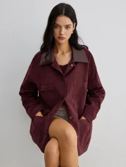 Suede Contrast Collar Pockets Jacket