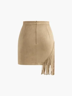 Suede Irregular Tassel Mini Skirt