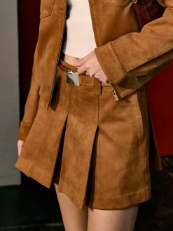 Suede Pleated Pockets Skirt With Belt