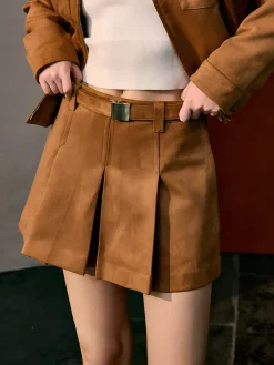 Suede Pleated Pockets Skirt With Belt
