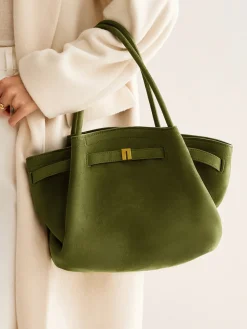 Suede Pleated Top Handle Bag