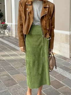Suede Slit Zipper Skirt