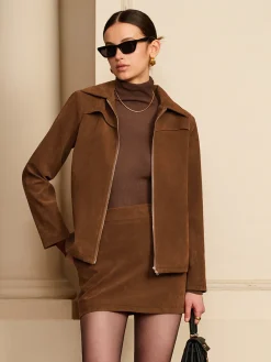 Suede Zipper Jacket With Shoulder Pads