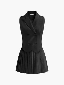 Suit Waistcoat With Pleated Mini Skirt Set