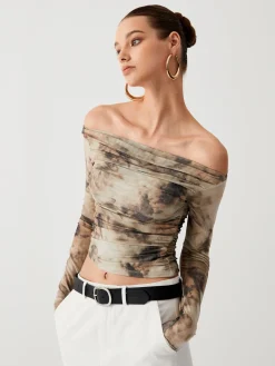 Terracotta Tulle Mesh Off Shoulder Long Sleeve Crop Top