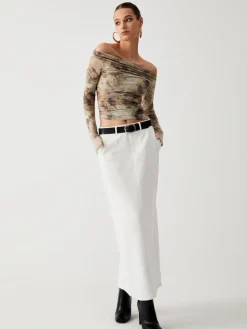 Terracotta Tulle Mesh Off Shoulder Long Sleeve Crop Top